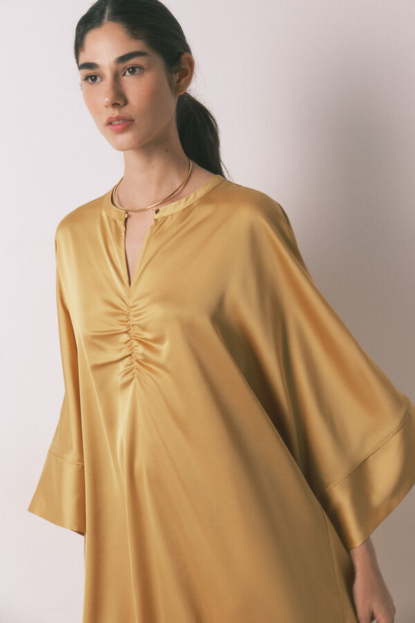 Women'secret Vestido caft&aacute;n sat&eacute;n mostaza amarillo