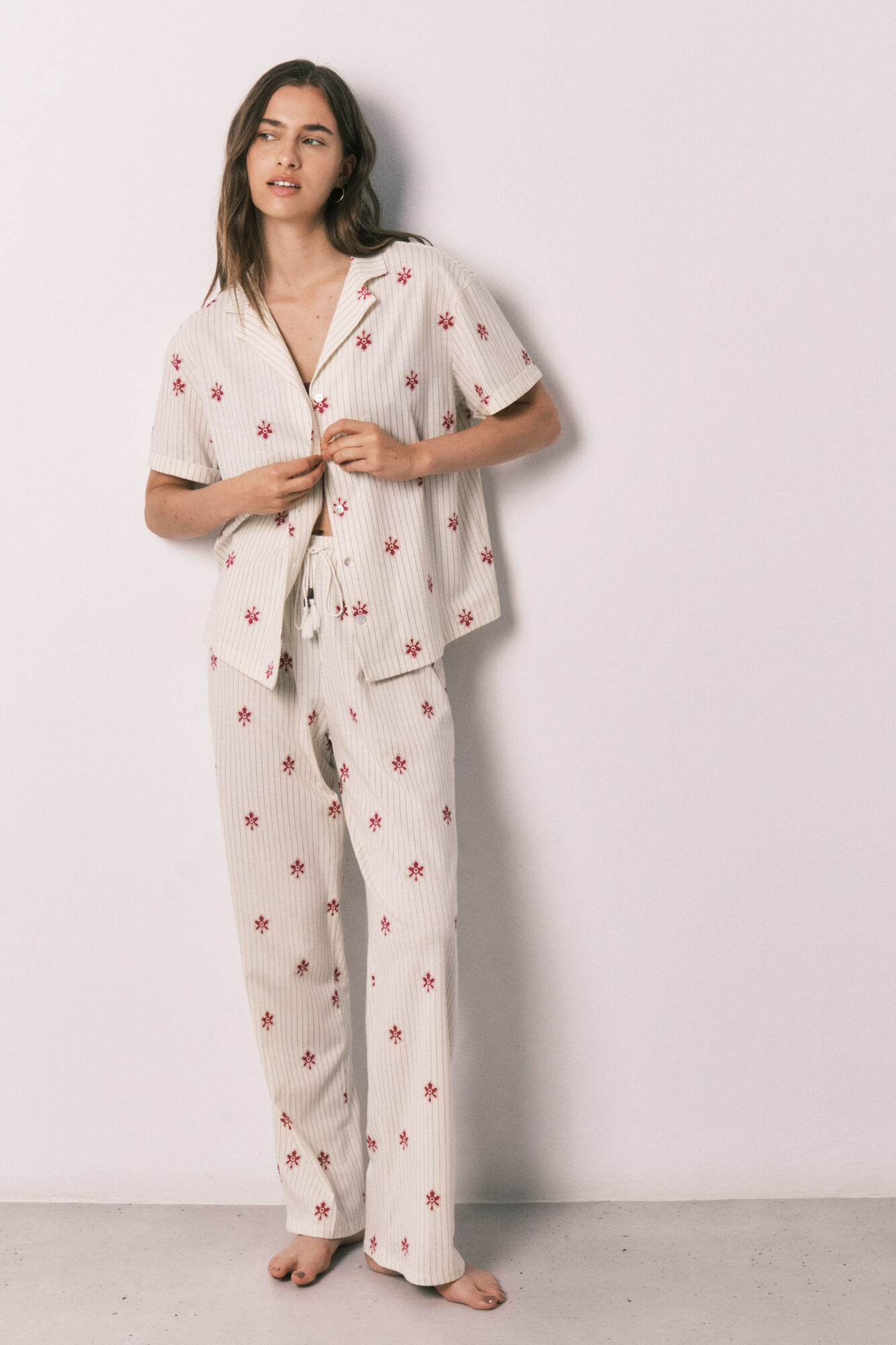 Women'secret Pijama comprido camiseiro em algod&atilde;o com riscas e flores