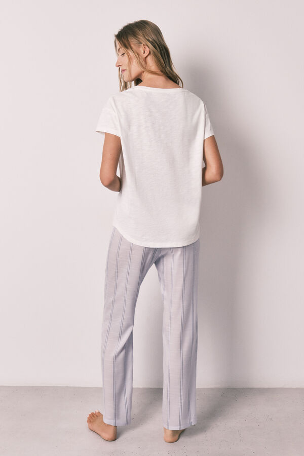 Women'secret Pijama comprido de manga curta em algod&atilde;o &agrave;s riscas lil&aacute;s bege