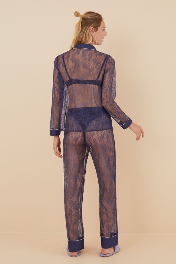 Women'secret Pijama camiseiro comprido renda azul azul