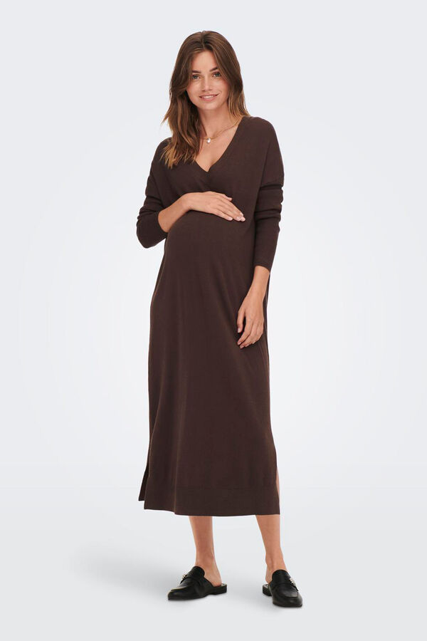 Only Maternity Vestido largo de punto premamá, con cuello V, color marrón chocolate. marrón
