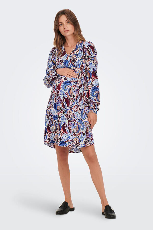 Only Maternity Vestido midi com fecho cruzado e ajuste na cintura, estampado bege