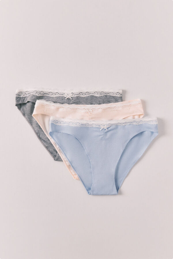 Women'secret Pack 3 bragas cl&aacute;sicas algod&oacute;n lisas encaje blanco