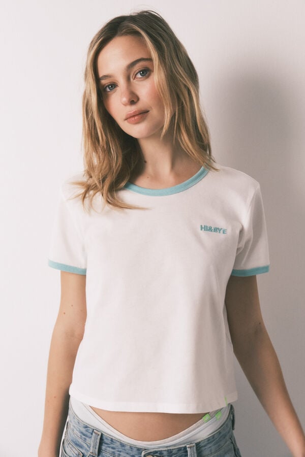 HI&BYE T-shirt lisa manga curta em 100% algod&atilde;o branca branco