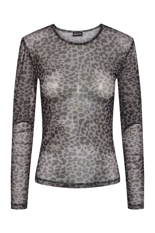 Pieces Top tule de manga comprida e print em leopardo preto