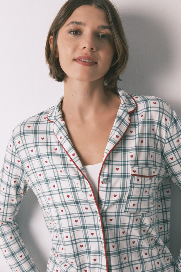 Women'secret Pijama camisero largo estampado cuadros verde estampado