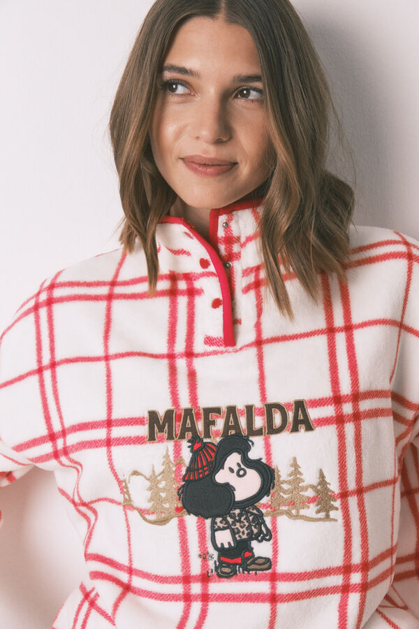 Women'secret Pijama longo de l&atilde; xadrez branco Mafalda bege