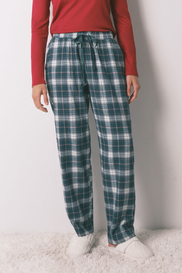 Women'secret Pantal&oacute;n largo 100% algod&oacute;n franela cuadros verde estampado