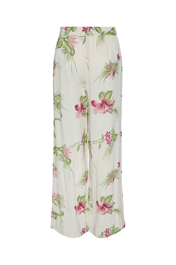 Pieces Cal&ccedil;as fluidas de mulher 100% algod&atilde;o. Estampado floral e cintura el&aacute;stica. bege