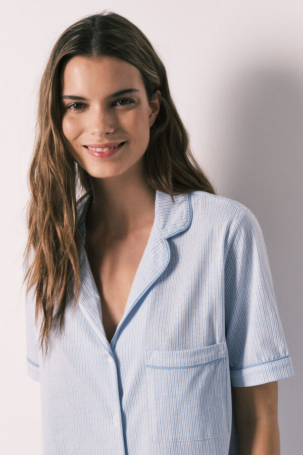 Women'secret Pijama camisero 100% algod&oacute;n rayas azul estampado