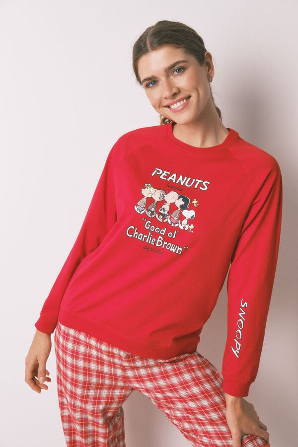 Women'secret Pijama longo 100% algod&atilde;o estampado xadrez vermelho Snoopy vermelho