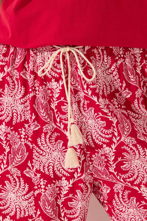 Women'secret Pantal&oacute;n largo viscosa estampado hojas rojo burdeos