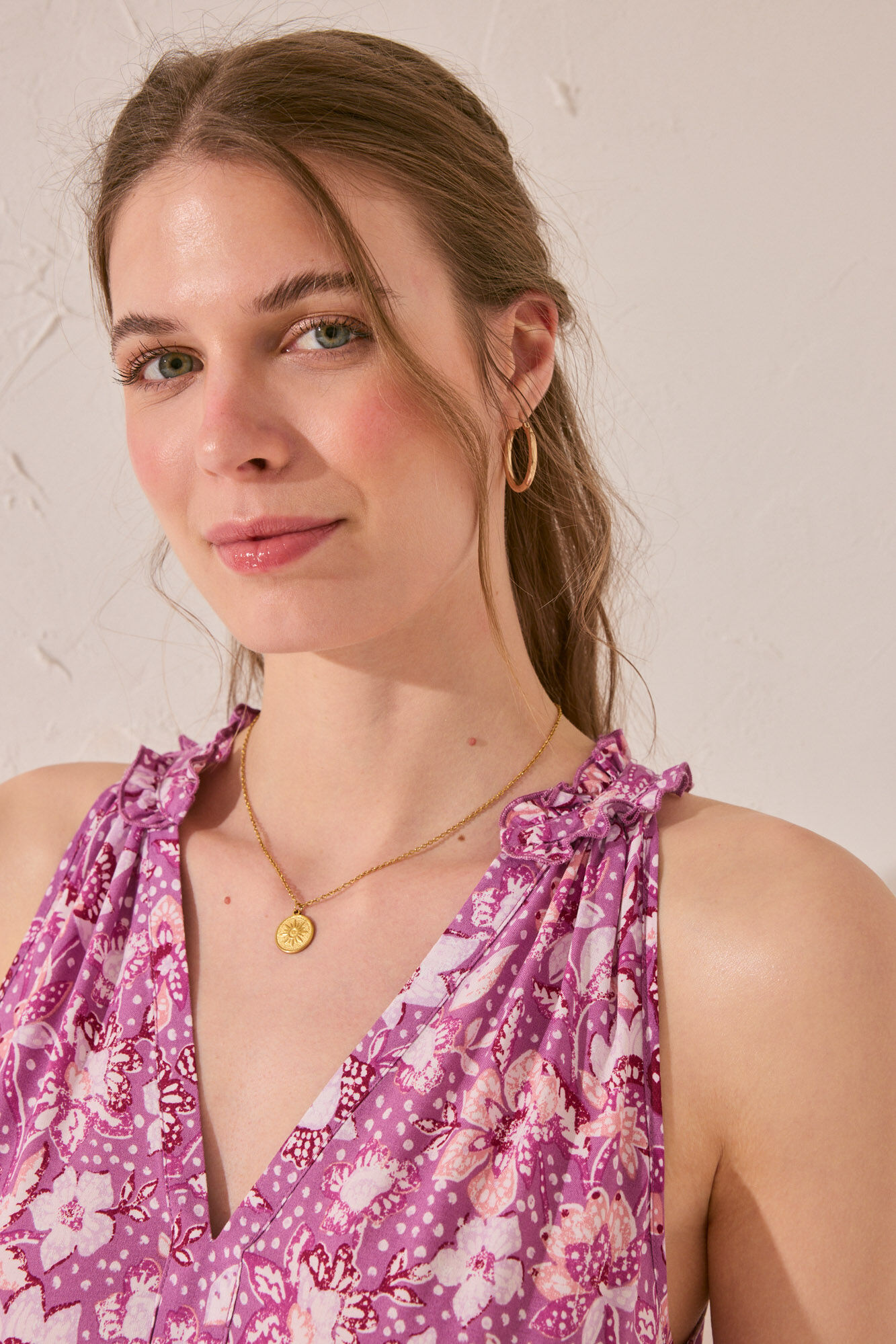 Women'secret Vestido longo com al&ccedil;as e estampado viscose roxa/lil&aacute;s