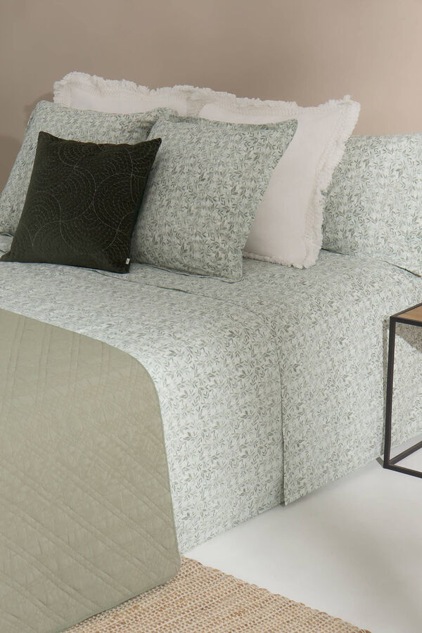 Textura S&aacute;bana hojas algod&oacute;n percal. Cama 80-90cm. verde