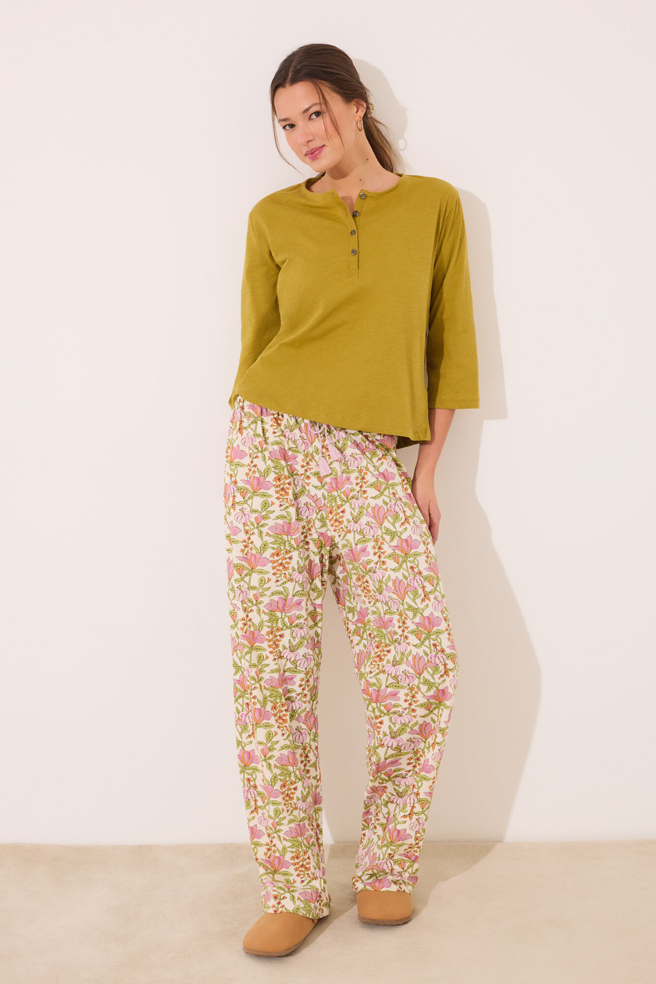 Women'secret Camiseta lisa manga larga 100% algod&oacute;n kaki