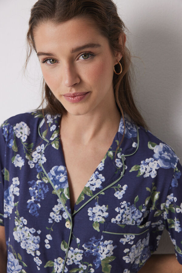 Women'secret Pijama largo camisero 100% algod&oacute;n azul flores estampado