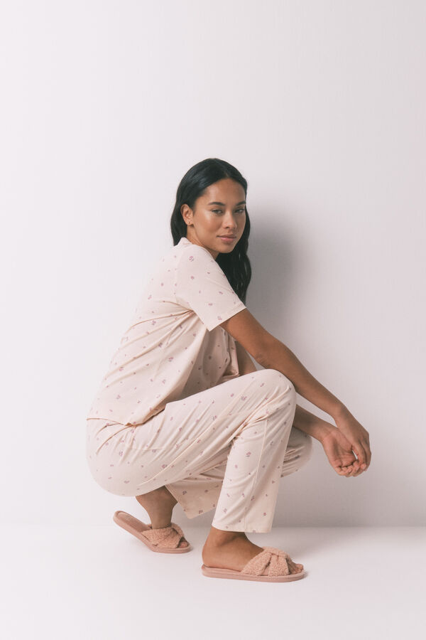 Women'secret Pijama camisero largo 100% algod&oacute;n flores  rosa