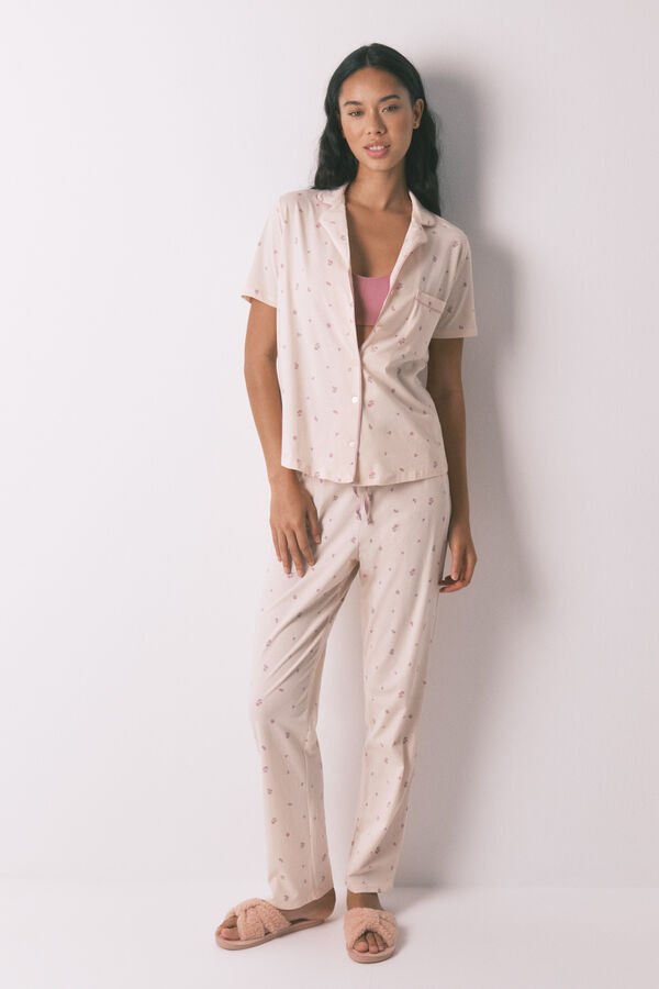 Women'secret Pijama camisero largo 100% algod&oacute;n flores  rosa