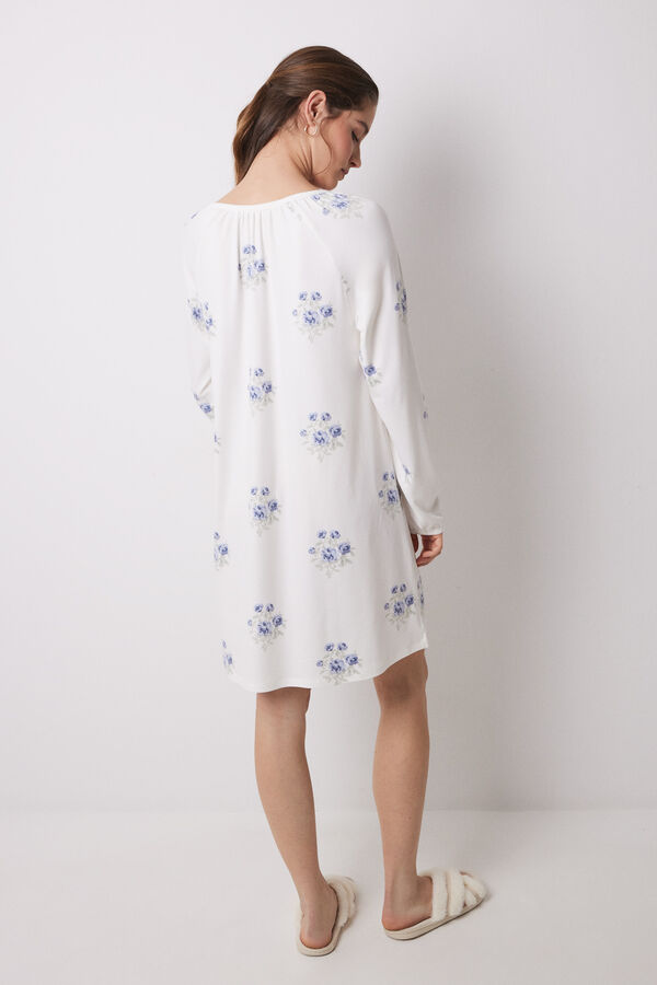 Women'secret Camisa de dormir comprida branca em tecido malha azul