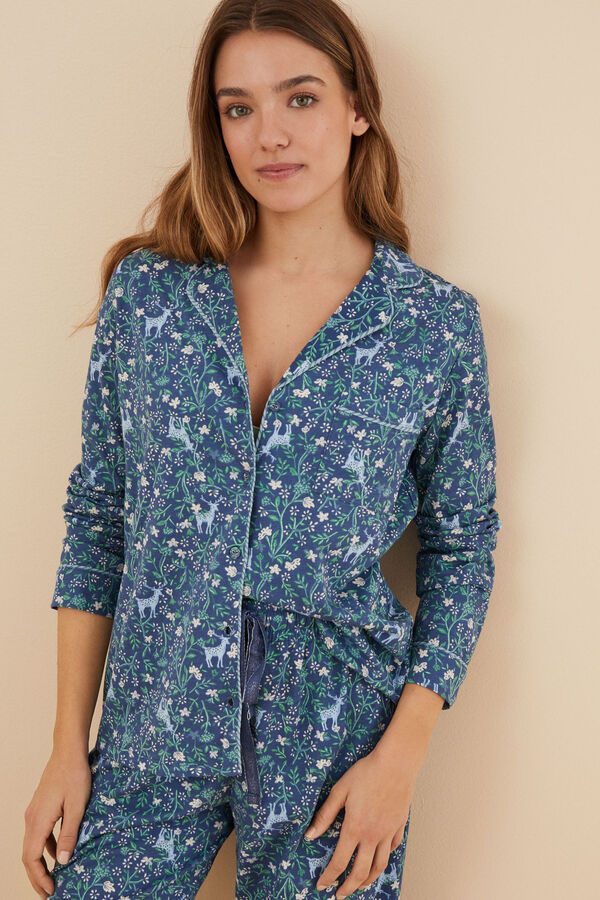 Women'secret Pijama camisero 100% algod&oacute;n azul flores estampado