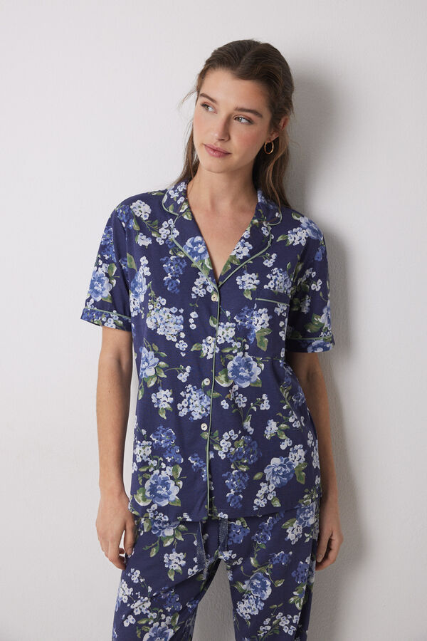 Women'secret Pijama largo camisero 100% algod&oacute;n azul flores estampado