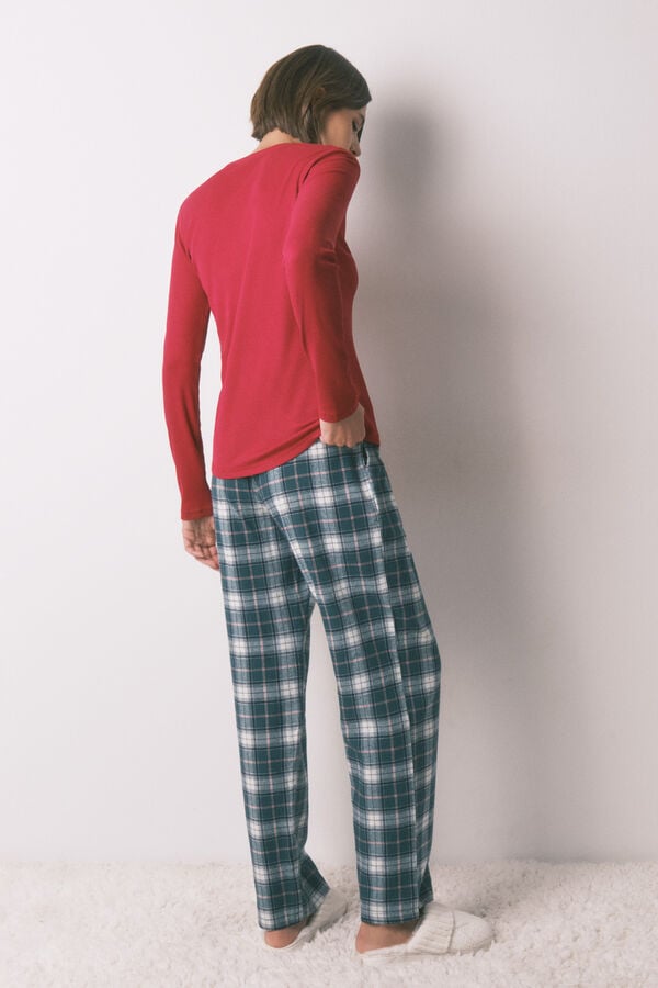 Women'secret Pantal&oacute;n largo 100% algod&oacute;n franela cuadros verde estampado