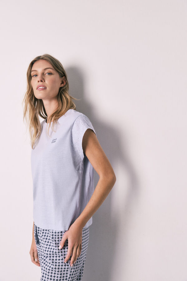 Women'secret Pijama comprido de manga curta em algod&atilde;o estampado lil&aacute;s rosa