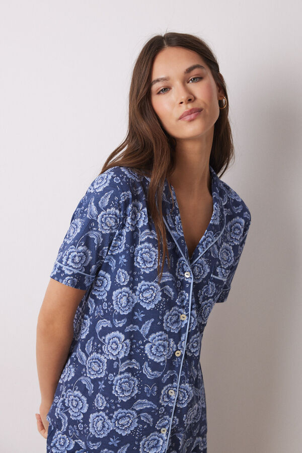 Women'secret Pijama camisa de algod&atilde;o manga curta cal&ccedil;a azul