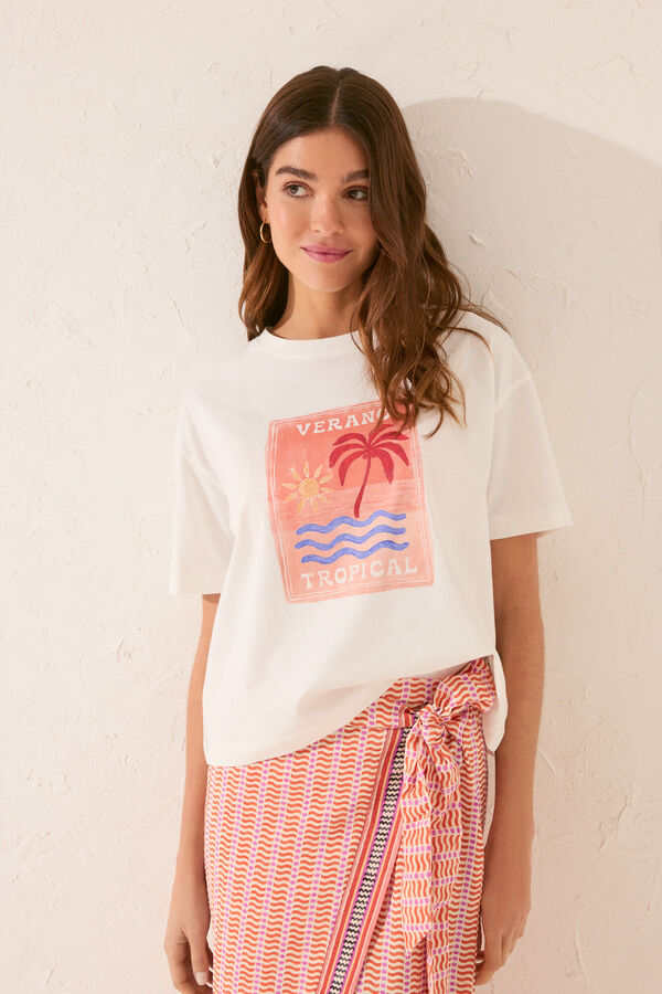 Women'secret T-shirt boxy 100% algod&atilde;o branco bege