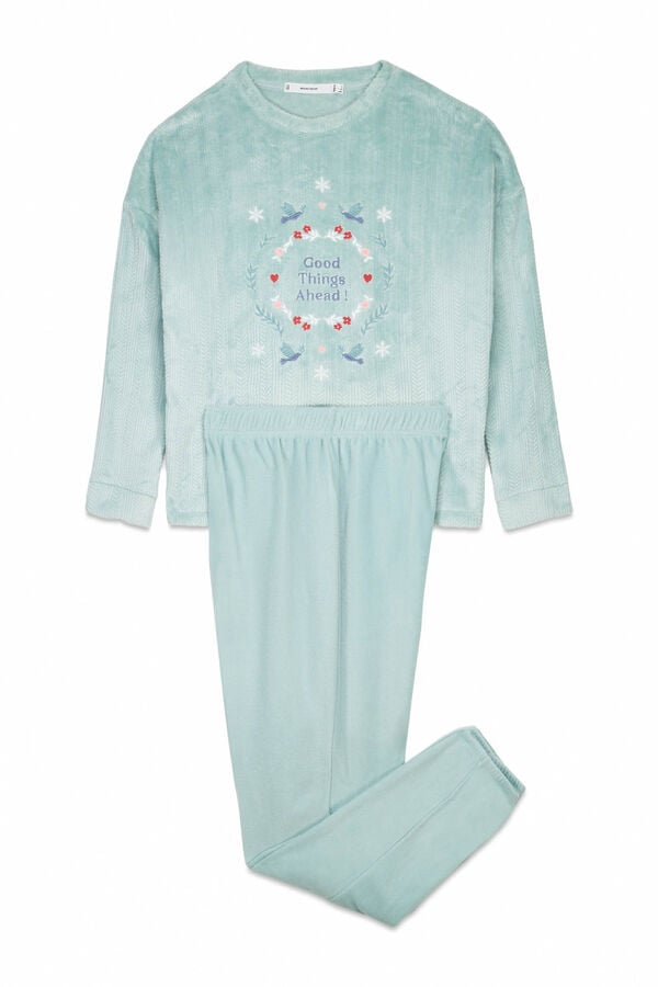 Women'secret Pijama largo polar textura azul azul