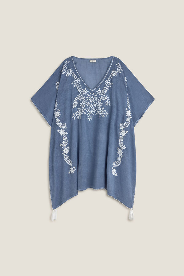 Textura T&uacute;nica algod&oacute;n bordado borlas flores azul