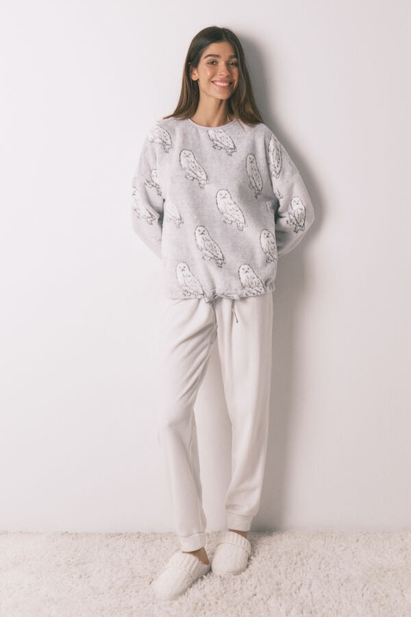 Women'secret Pijama largo polar suave estampado "Hedwig" marfil