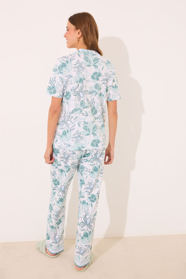 Women'secret Pijama largo camisero 100% algod&oacute;n flores verdes blanco