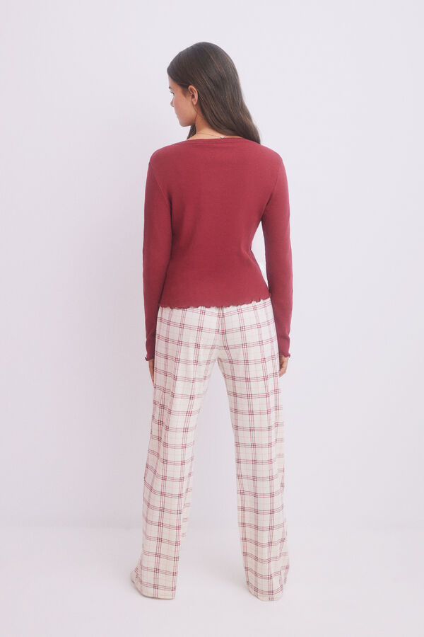 HI&BYE Pijama largo crudo cuadros rojo