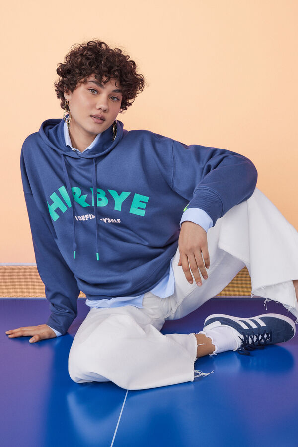 HI&BYE Sudadera capucha felpa azul oscuro logo azul