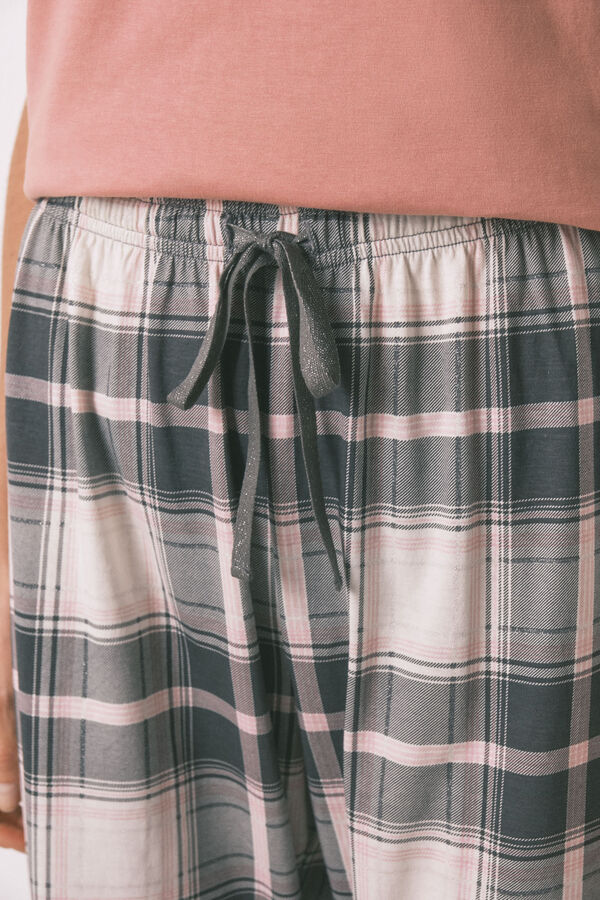 Women'secret Pijama largo 100% algod&oacute;n rosa cuadros Stitch gris