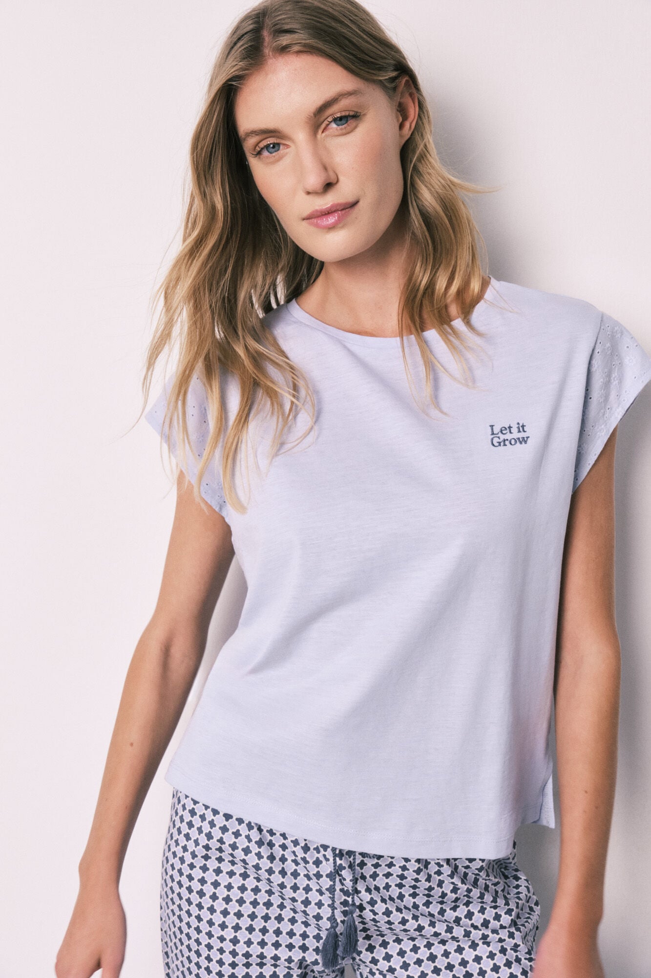 Women'secret Pijama comprido de manga curta em algod&atilde;o estampado lil&aacute;s