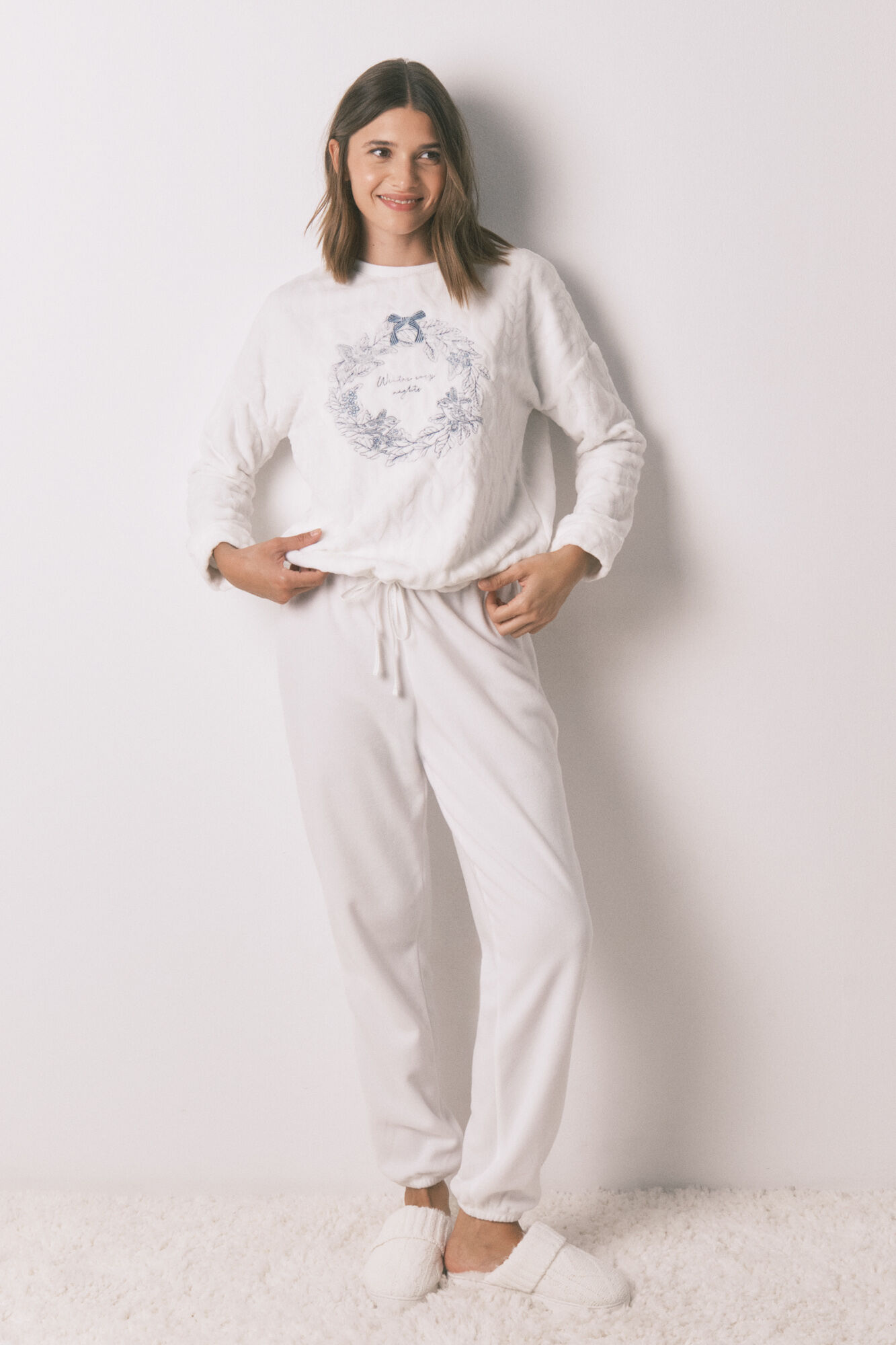 Women'secret Pijama polar branco pijama comprido e macio