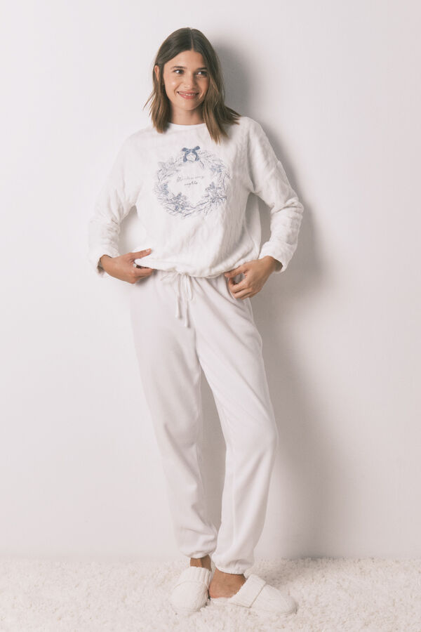 Women'secret Pijama polar branco pijama comprido e macio bege