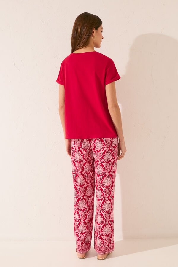 Women'secret Pantal&oacute;n largo viscosa estampado hojas rojo burdeos