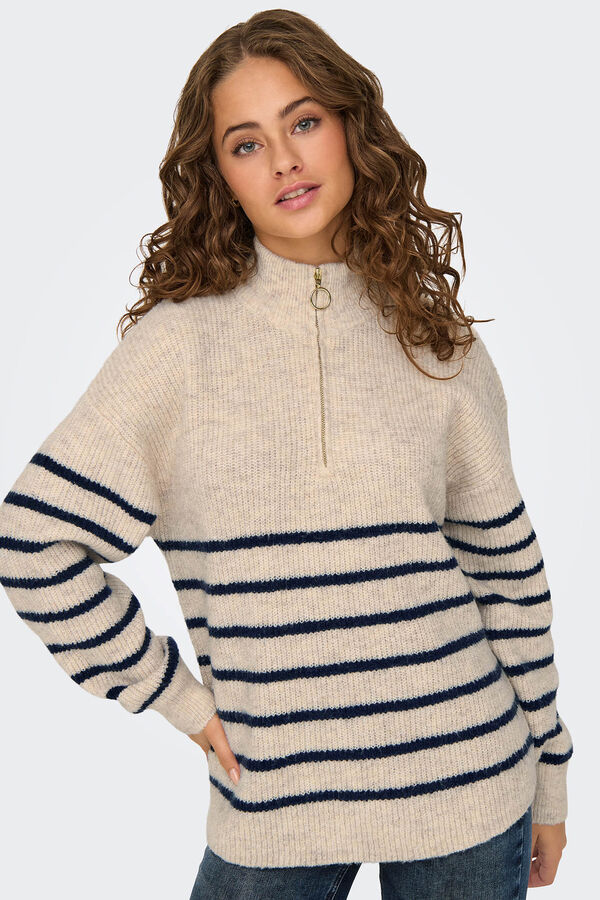 Only Maternity Jersey de lana con cuello alto y cierre media cremallera con  a rallas gris