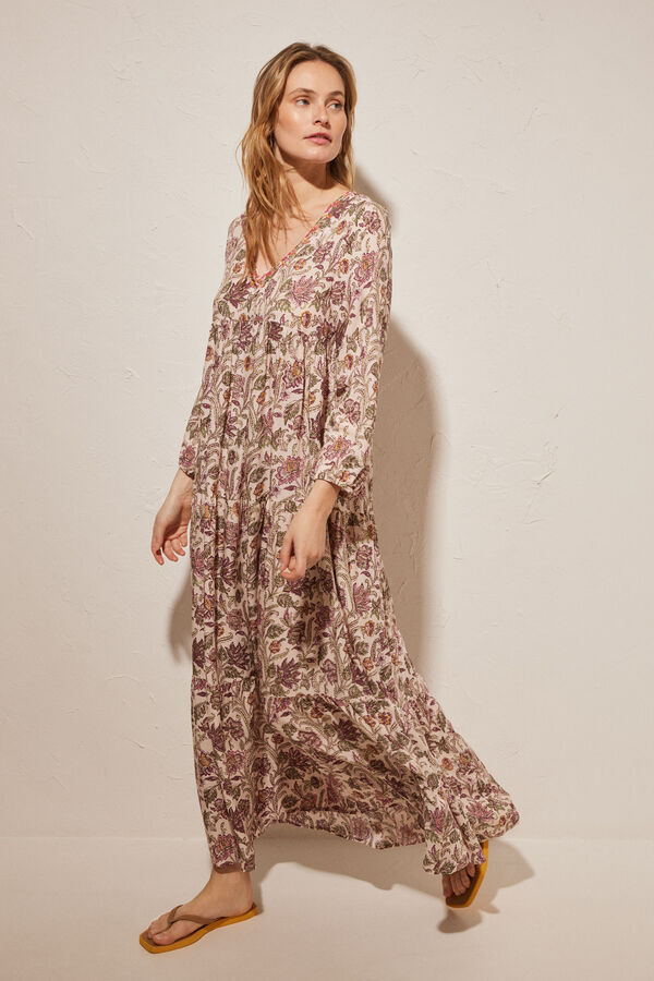 Women'secret Vestido largo estampado multicolor blanco