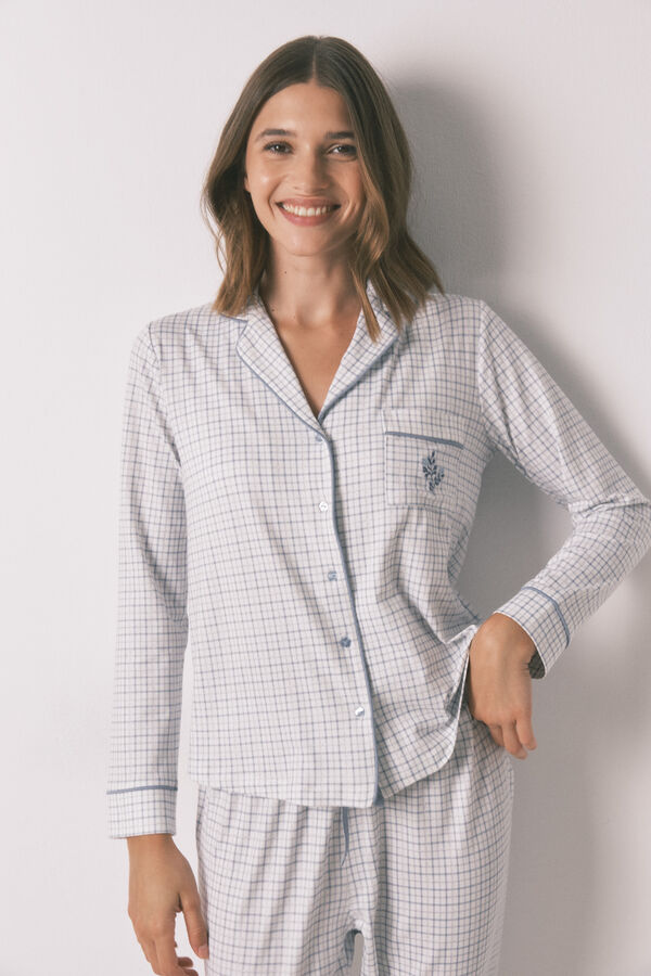 Women'secret Pijama camiseiro longo xadrez com efeito brilhante   azul