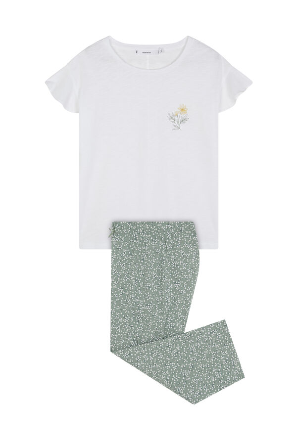 Women'secret Pijama Capri 100% algodão branco e verde bege
