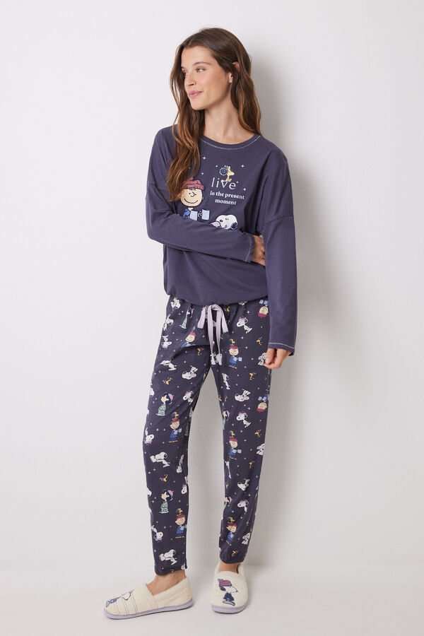 Women'secret Pijama largo 100% algod&oacute;n morado Snoopy azul