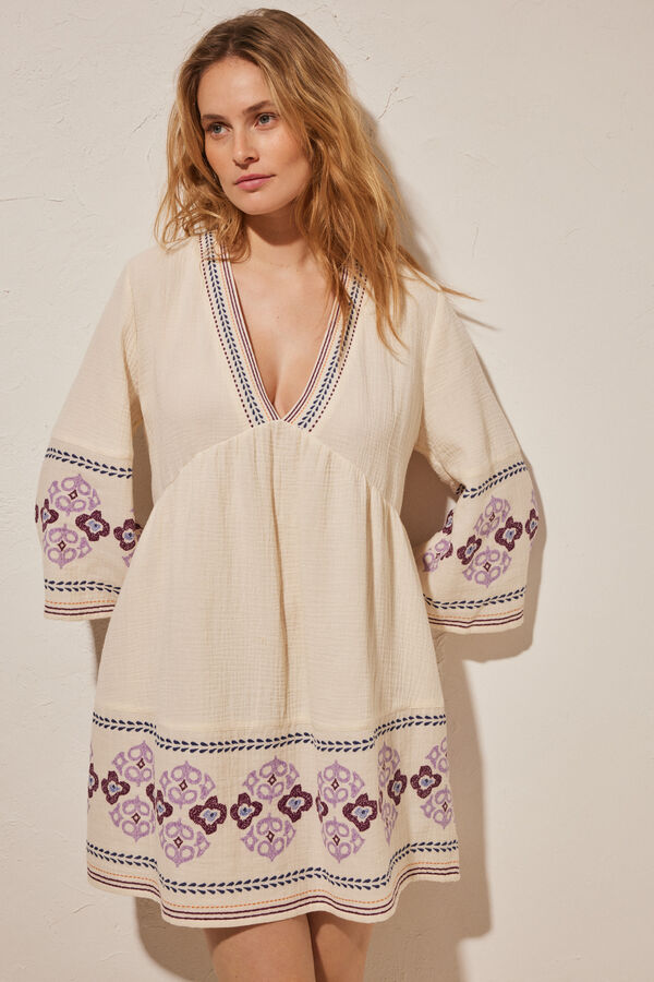 Women'secret Vestido corto 100% algod&oacute;n marfil