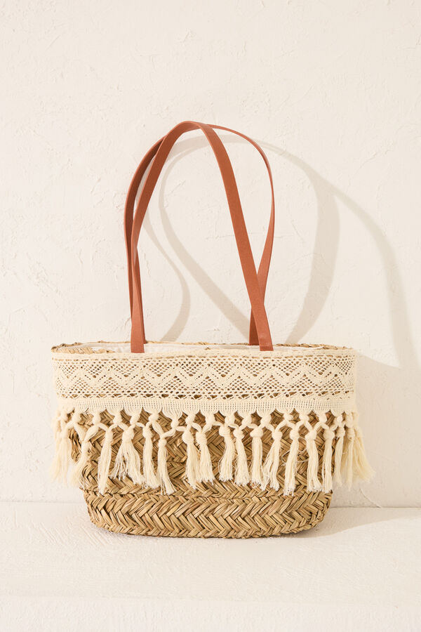 Women'secret Mala cesto de ráfia e renda cru