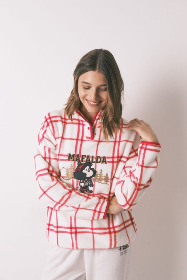 Women'secret Pijama longo de l&atilde; xadrez branco Mafalda bege