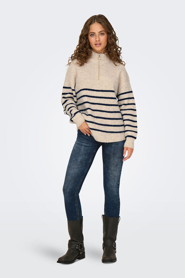 Only Maternity Jersey de lana con cuello alto y cierre media cremallera con  a rallas gris