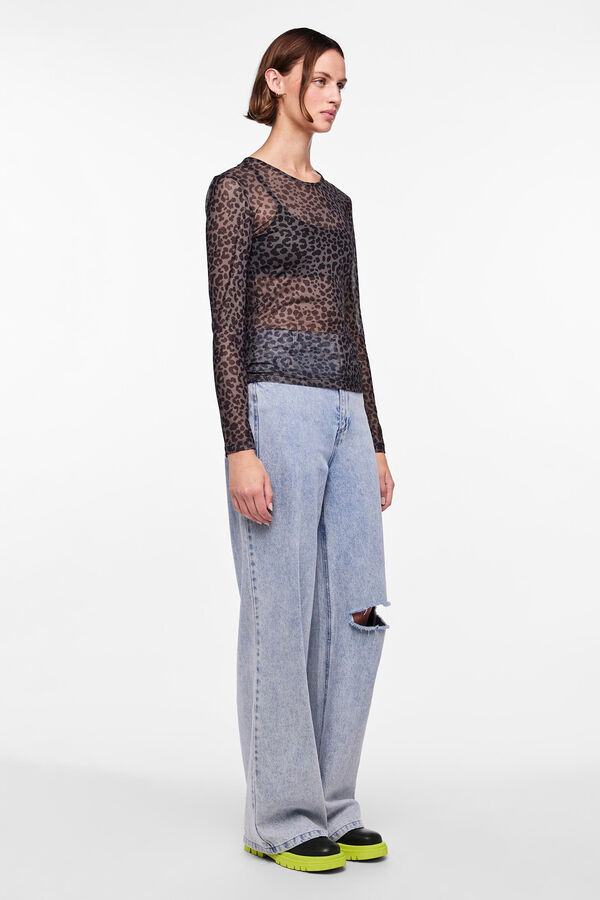 Pieces Top tule de manga comprida e print em leopardo preto